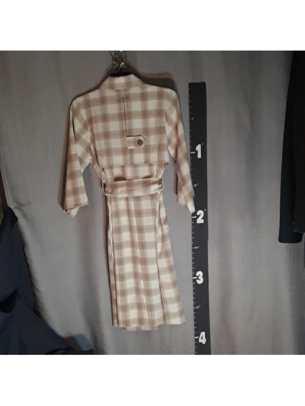 Plaid Belted Trench Coat - Beige Cream